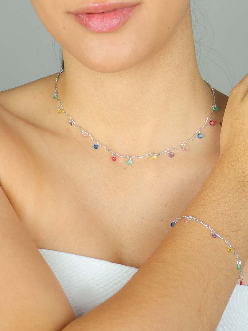 CONJUNTO COLAR + PULSEIRA COLORS ZIRCÔNIA PRATA 925 + PAR DE BRINCOS BRINDE